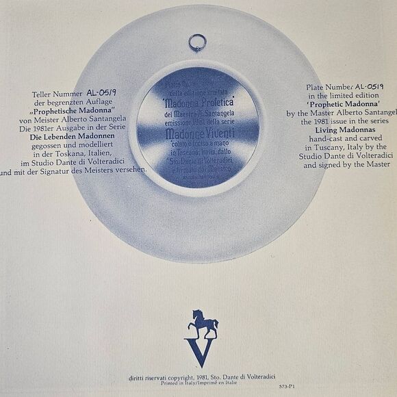 NIB Plate “Prophetic Madonna” Alberto Santangela Ivory Alabaster 1981 - Picture 7 of 8